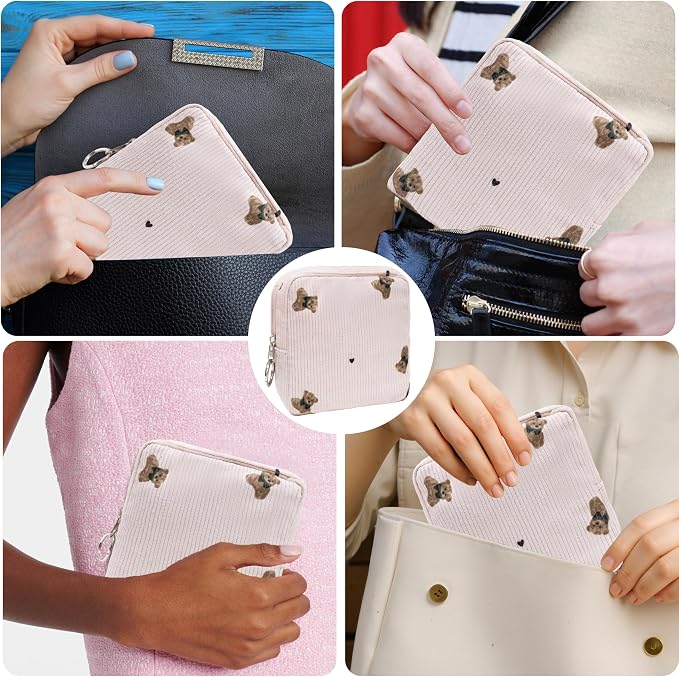 Period Bag for Girls, Corduroy Sanitary Napkin Storage Bag, Period Pouch & Tampon Holder, Feminine Care Organizer(Pink Bear)
