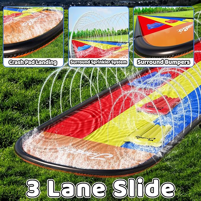 JAMBO Premium 16Ft Slip Splash and Slide and 3 Bodyboards, Heavy Duty Water Slide - 3-Way Sprinkler System, Splash Mat Pad, Backyard Outdoor Water Toys n Slides for Kids
