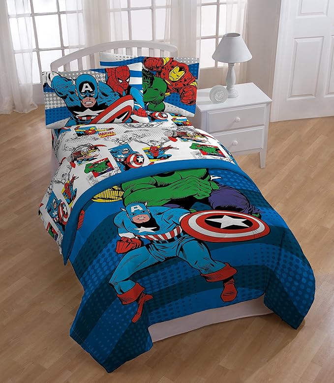 Jay Franco Kids Sheet Set with Fitted, Flat Sheets & Pillow Cover - Ultra-Soft Bedding with Pillowcase for Room Decor, White - Avengers, 4 Piece Full