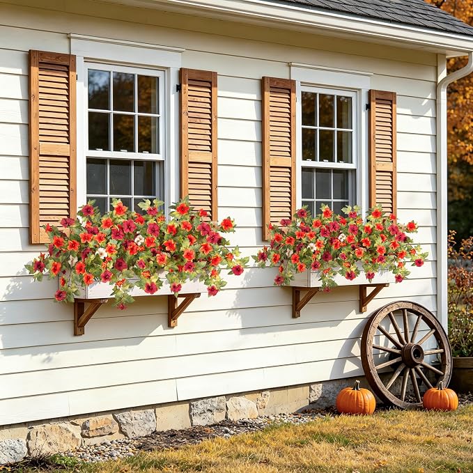 Ammyoo Artificial Fall Flowers Fake Petunias Plants for Outdoor Decoration | 2 Pcs UV Resistant Faux Silk Flowers No Fade Floral for Autumn Garden Balcony Yard Porch Realistic Indoor Decor No watering