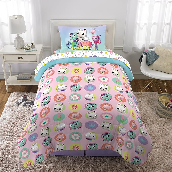 DreamWorks Gabby's Dollhouse Cakey, MerCat And Pandy Kids Bedding Super Soft Comforter And Sheet Set, 4 Piece Twin Size, By Franco