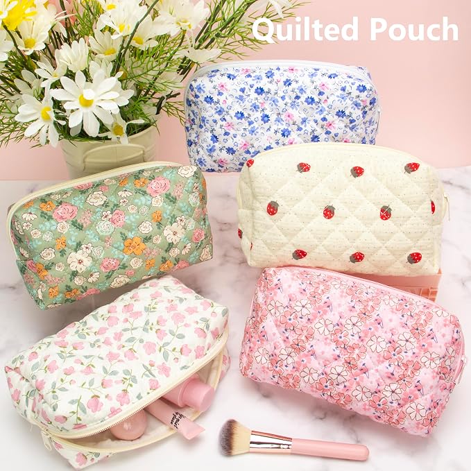 PAZIMIIK Small Quilted Makeup Bag,Zipper Cosmetic Pouch,Floral Pink | Lightweight Cosmetic Bag Organizer for Women,Purse Storage Holds Makeup,Toiletries,Skincare,Beauty Essentials,Travel Items