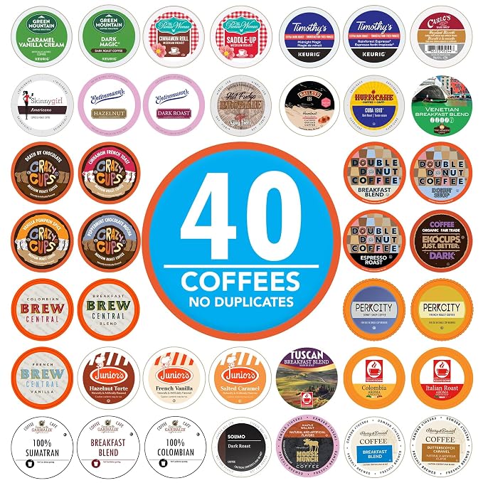 Crazy Cups Coffee Pods Variety Pack Sampler from Top Brands, Assorted Single Serve for Keurig K Cups Coffee Makers, 40 Unique Cups