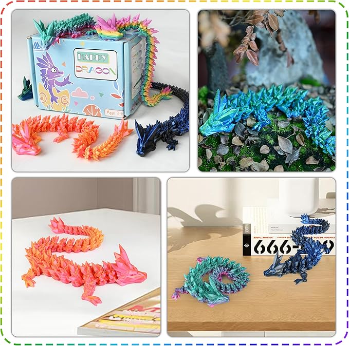 5PCS 12" 3D Printed Dragon Set Articulated Crystal Dragons Dragon Desk Toys, 3D Printed Animals Cool Unique Birthday Gifts for Teen Adult Novelty Christmas Stocking Stuffers Gadget for Men Boy