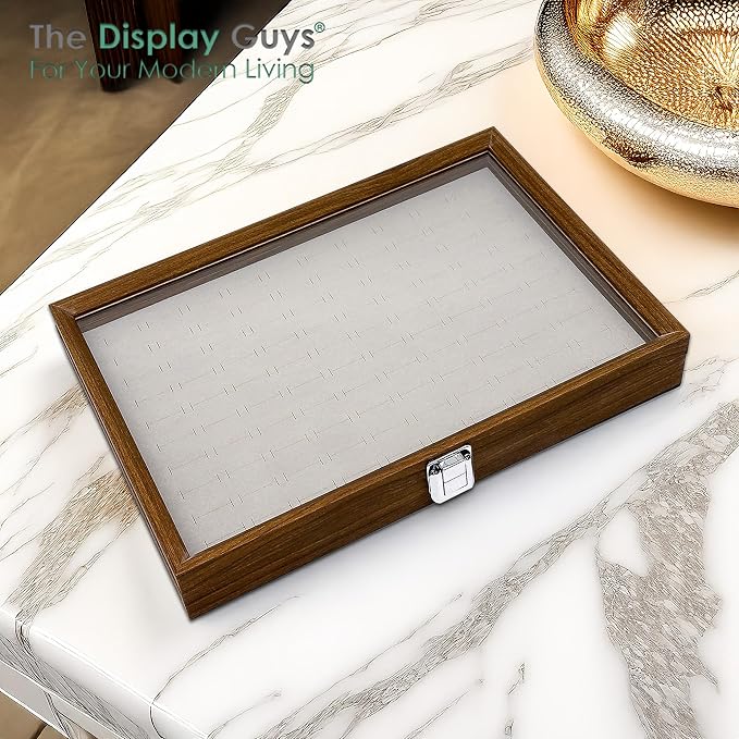 Wooden Travel Jewelry Box w. Tempered Glass Display Lid - Rings Storage - 100-Slots Velvet Organizer (Dark Oak) by The Display Guys