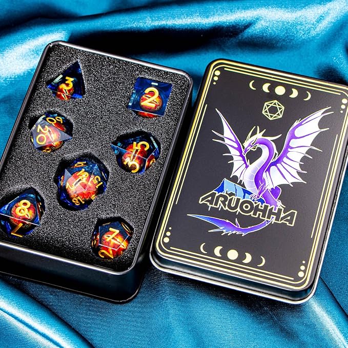 ARUOHHA DND Resin Dice Gazes Eye Dice Golden Blue Liquid Core Flaming RPG Sharp Edged Dice Set with Gift Box, Polyhedral D and D Dice Set Compatible with Dungeons Dragons Role Playing Game D20 D6