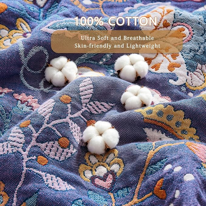 Boho Throw Blanket Farmhouse Decor Throw Blanket Bohemian Blanket for Bed 100% Cotton Muslin Woven Couch Blanket All Seasons Quilt Bedroom (H-Purple, 90"x98")
