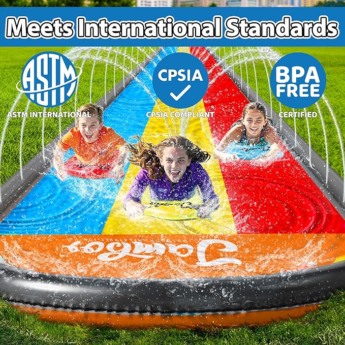 JAMBO 18ft Triple Lane Slip Splash and Slide with 3 Bodyboards with Built in Surround Sprinkler for Backyard Outdoor Water Fun for Kids