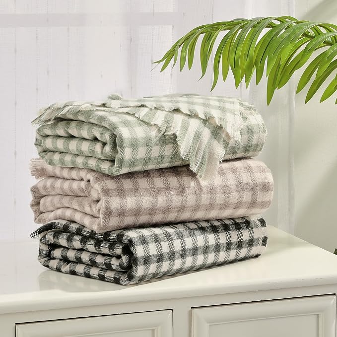CREVENT Farmhouse Boho Knitted Throw Blanket for Couch Sofa Chair Bed Home Decoration, Soft Warm Cozy Light Weight for Spring Summer Fall (50''X60'' Plaid Tan)