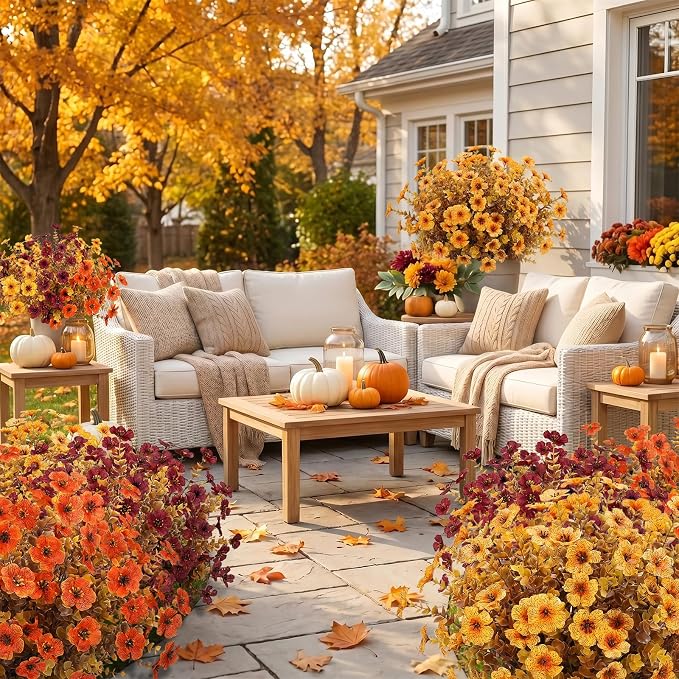 Ouddy Decor 24 Pcs Artificial Fall Flowers, Fake Mums Outdoors, Deep Orange | Lifelike faux mums, silk flower, UV resistant, no-maintenance, for autumn Thanksgiving garden porch yard indoor outdoor decor