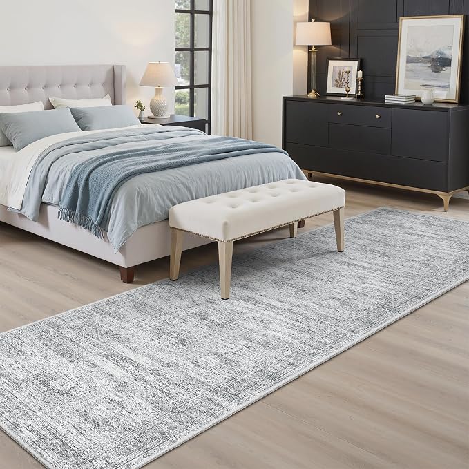 Soalmost Runner Rug 2x8 Washable Non-Slip Hallway Kitchen Runners Grey | Stain Resistant Vintage Rugs for Bathroom Laundry Room, Low Pile Foldable Floor Carpet Mat for Entryway Corridor Bedroom