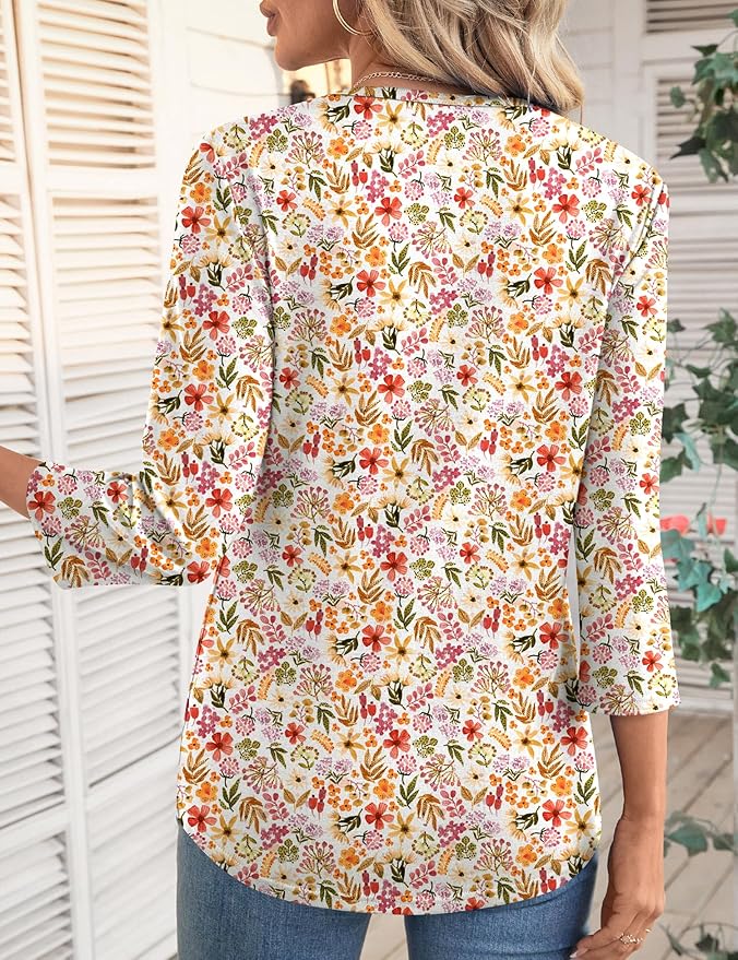 LOMON 3/4 Length Sleeve Womens Tops Spring Summer Fashion 2026 Tops Crew Neck Pleated Shirts Tunic Top Loose Fit