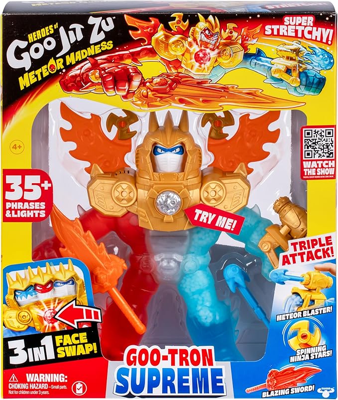 Heroes of Goo Jit Zu Goo-Tron Supreme Combines The Power of Blazagon, Pantaro & Thrash in 1 Ultimate Hero, with 3 Different Goo Fillings, 35+ Phrases & Lights, Face Swap & Triple Attack Feature