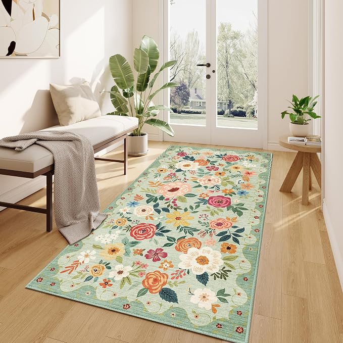 DUKINO 3x6 Runner Rug, Non Slip Floral Washable Rug for Kitchen, Green | Low Pile, Non Shedding, Soft Thin Indoor Rug for Hallway, Bedroom, Bathroom, Entryway, Laundry, Pet Friendly, Home Decor