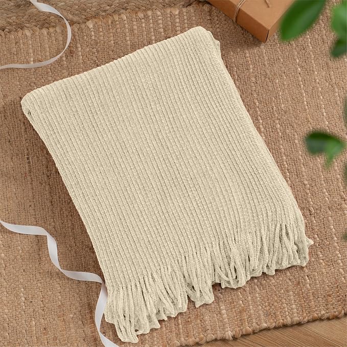 BATTILO HOME Beige Throw Blanket for Couch, Soft Chenille Knit Throws with Tassels for Home Decor, White Cream Throws for Bed Couch Cover, 60"x80"