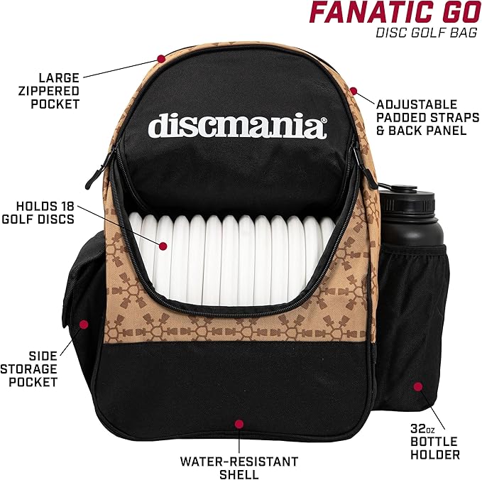 Discmania Fanatic Go Disc Golf Backpack | 18 Capacity + Top Pocket for 2 Putters | Lightweight, Durable Disc Golf Bag | Tall Side Pocket, Bottle Holder | Padded Straps & Water-Resistant Shell