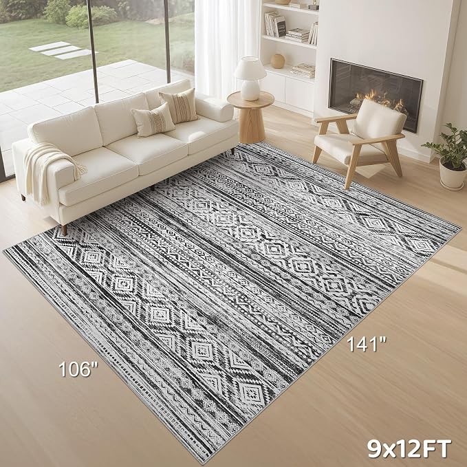 cotiled 9x12 Area Rugs Living Room Rug: Washable Boho Rugs with Non Slip Backing Large Soft Indoor Stain Resistant Carpet for Bedroom Farmhouse Dining Room Lightweight Home Decor White/Black