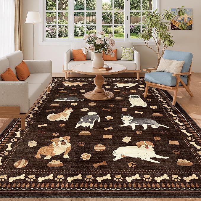 DUKINO 5x7 Area Rugs, Washable Dog Rug for Kids Room Non Slip, Brown | Low Pile, Stain Resistant, Soft Animal Carpet for Living Room Bedroom Dining Room Farmhouse, Kid & Pet Friendly, Non Shedding