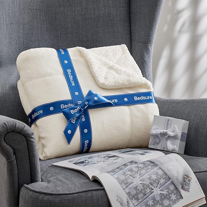 Bedsure GentleSoft Sherpa Fleece Blanket Queen Size for Bed, Non-Heated, Thick and Warm Throw for Women and Men, Soft Fuzzy Plush Queen Blanket for Spring, Cream, 90x90 Inches