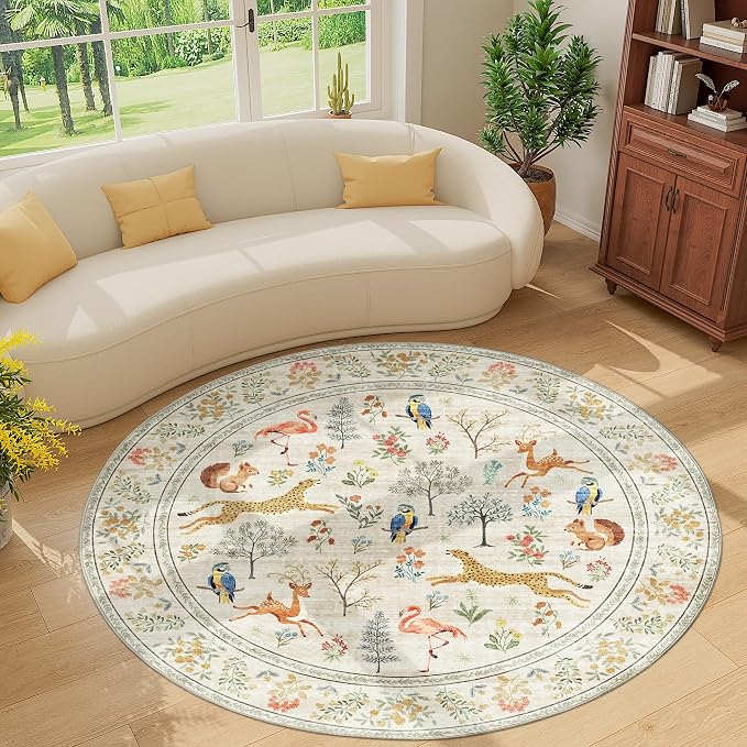DUKINO 6ft Round Rug for Bedroom, Washable Soft Non Slip Circle Rug, Beige | Low Pile, Stain Resistant, Animal Indoor Carpet for Living Room, Kitchen, Dining Room, Nursery, Farmhouse, Pet Friendly
