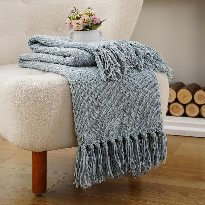 BATTILO HOME Blue Grey Chenille Throw Blanket for Couch, 60"x80" | Knit Throw Blanket, Super Soft Warm Home Decor Blue Throw Blanket with Tassels for Bed,Sofa and Living Room