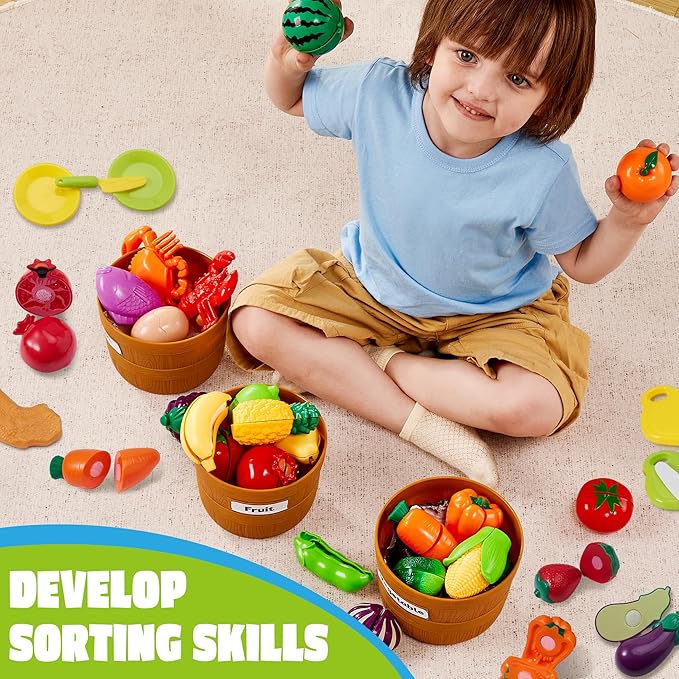 JOYIN Educational Toys Play Food Set for Toddlers, Cutting Food for Preschool Activities, Pretend Play Kitchen Accessories, Learning Toys, Color Sorting Set for Boys & Girls, Gifts for Christmas