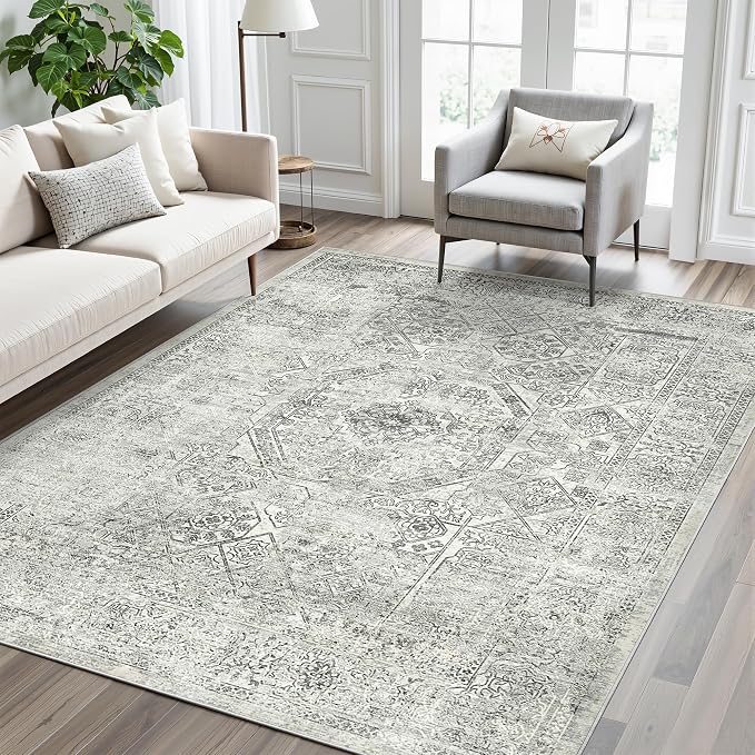 Soalmost 5x7 Area Rugs Light Gray Washable Trendy Faded Style Floral Rugs | Vintage Non-Slip Indoor Accent for Bedroom Dining, Foldable Stain Resistant Floor Carpet Mat Under Table Home Office Decor