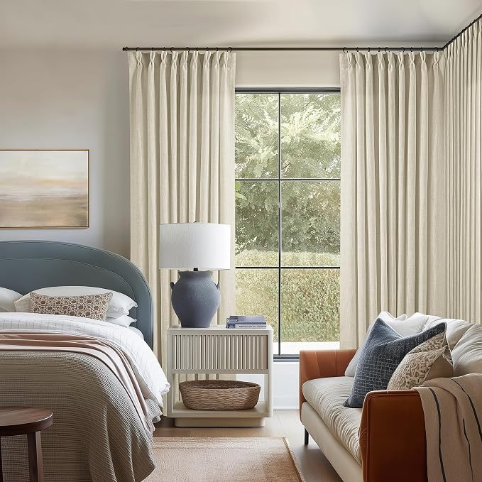 TWODRAPES 60 Inch Width 96 Inches Long Linen Pinch Pleated Curtains 1 Panel | Light Filtering Semi Sheer Privacy, Room Divider, Pinch Pleat Curtains for Sliding Door Dining Bedroom Large Window, W60xL96