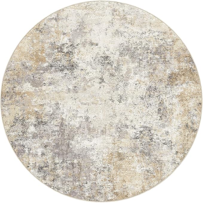 UERMEI 6ft Round Area Rug Living Room Rugs - 6x6 Washable Neutral Modern Abstract Soft Thin Rug Indoor Floor No Slip Rug Carpet for Bedroom Under Dining Table Home Office Decor - Golden Grey