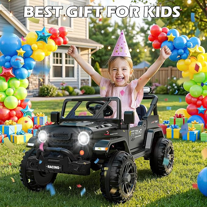ARBELI 12V Ride On Truck Car with Remote Control, Kids Electric Vehicles with Bluetooth Music, Horn, 3 Speeds, 4 LED Lights, Soft Start, Ride on Toys for Toddler Boys & Girls (Black)