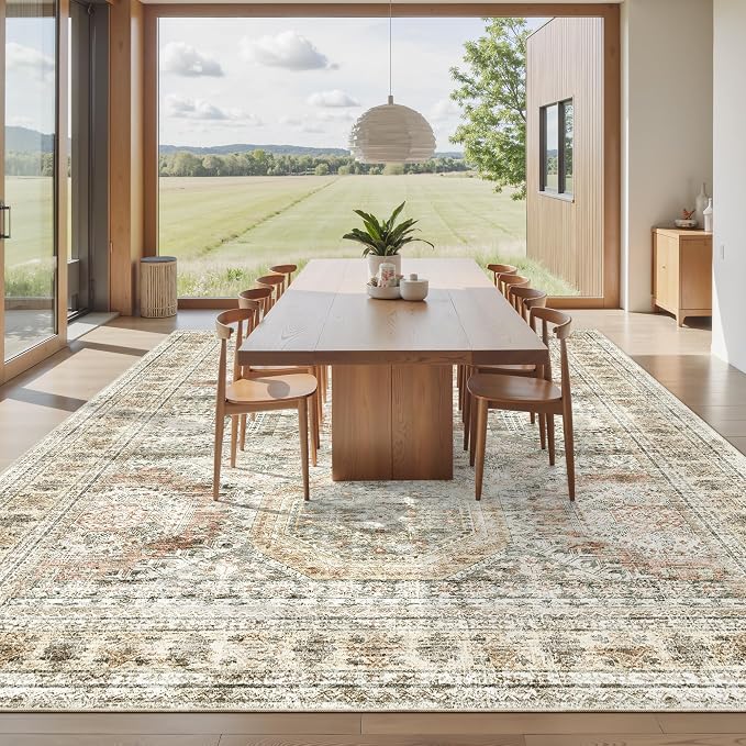 Soalmost 10x14 Area Rugs for Living Room Washable Rug Non-Slip Brown/Pink | Large Vintage Stain Resistant Carpet for Dining Bedroom, Low Pile Lightweight Foldable Floor Mat Nursery Home Office Decor