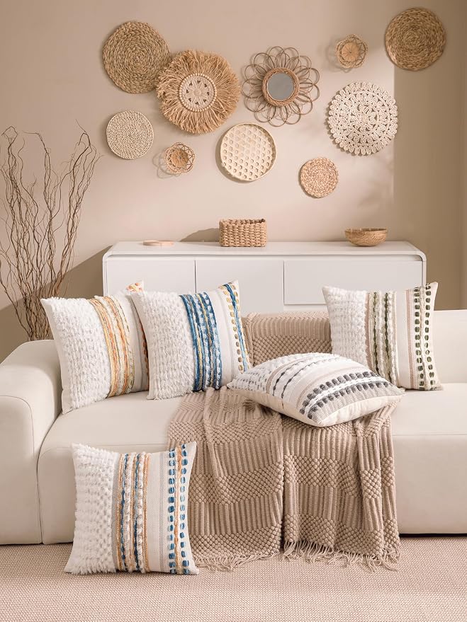 Boho Chenille Tufted Couch Throw Pillow Covers 18x18 Inch Set of 2 Farmhouse Striped Decorative Pillow Covers Accent Neutral Square Pillowcase Blue Cushion Covers for Livingroom Sofa Bed