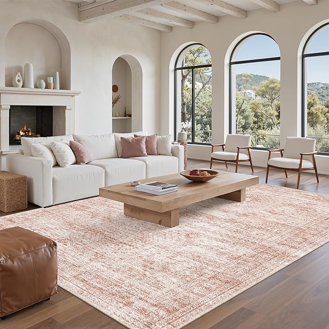 Soalmost 9x12 Area Rugs for Living Room Washable Rug Non-Slip Pink | Large Vintage Stain Resistant Carpet for Dining Bedroom, Low Pile Lightweight Foldable Floor Mat Nursery Home Office Decor