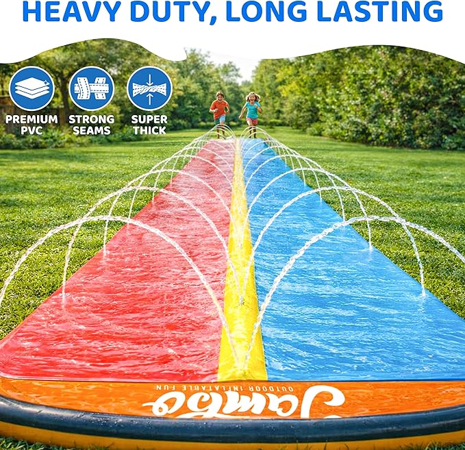 JAMBO Premium 24Ft Budget Slip Splash and Slide, Heavy Duty Water Slide with Advanced Sprinkler System, Backyard Waterslide, Splash Mat, Outdoor Water Toys n Slides for Kids