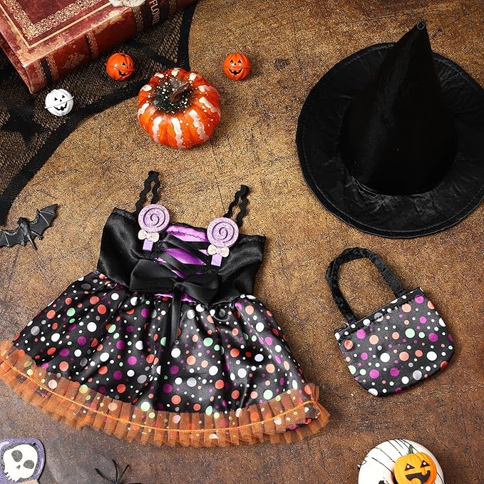 JANYUN 18 Inch Doll Clothes Accessories, Halloween Witch Costume Candy Corn Suit Set with Witch Hat Candy Bag for Doll Halloween Costumes Gifts for Children