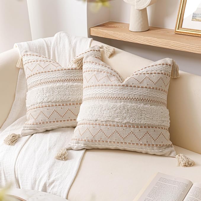 Decorative Throw Pillow Covers 18X18 Combo Set of 2 Square Cream Neutral White Boho Accent Pillowcase Tassels Farmhouse Cushion for Couch Sofa Bedroom Living Room Home Décor Cover ONLY