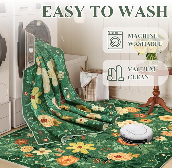 DUKINO 2x8 Runner Rug, Washable Runner Rug for Kitchen Non Slip, Dark Green | Low Pile, Floral, Soft Indoor Rug for Hallway, Entryway, Bedroom, Bathroom, Pet Friendly, Stain Resistant, Modern Home Decor