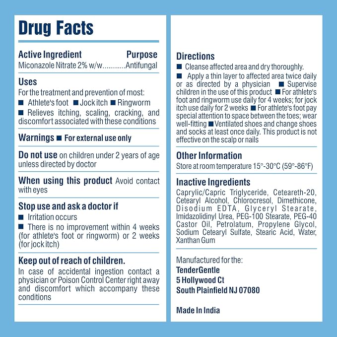 Miconazole Antifungal Cream for Skin - 4 oz of Miconazole Nitrate for Jock Itch, Athlete's Foot, Itching, and Ringworm