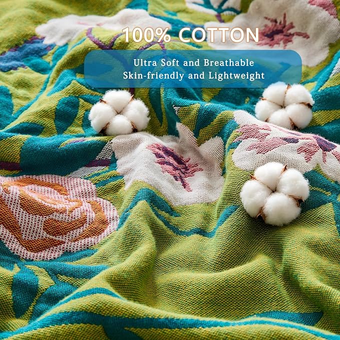 Boho Throw Blanket Farmhouse Decor Throw Blanket Bohemian Blanket for Bed 100% Cotton Muslin Woven Couch Blanket All Seasons Quilt Bedroom (I-Green, 60"x80")