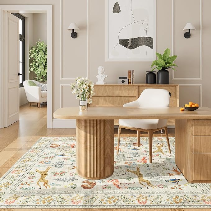 DUKINO 4x5 Area Rug, Washable Animal Rug for Entryway Non Slip, Beige | Low Pile, Soft Indoor Carpet for Bedroom, Kitchen, Office, Kids Room, Farmhouse, Pet Friendly, Stain Resistant, Home Decor