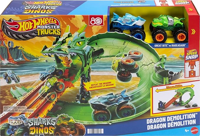 Hot Wheels Toy Monster Trucks, Sharks vs. Dinos Dragon Destruction Playset with 1:64 Scale Great Bite & Rageasaur, Race to Defeat The Cyborg Nemesis