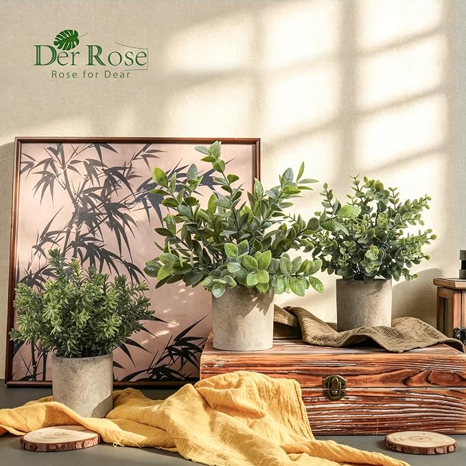 Der Rose 3 Pack Mini Potted Fake Plants Artificial Plastic Eucalyptus Plants Topiaries for Home Office Desk Farmhouse Shelf Room Bathroom Decor(Sage Green)