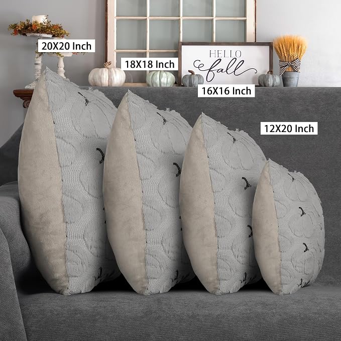 Fall Pumpkins Decorative Pillow Covers 18x18 Set of 2, Gray Soft Plush Faux Fur Wool Farmhouse Throw Cushion Cases for Autumn Thanksgiving Holiday Home Decorations