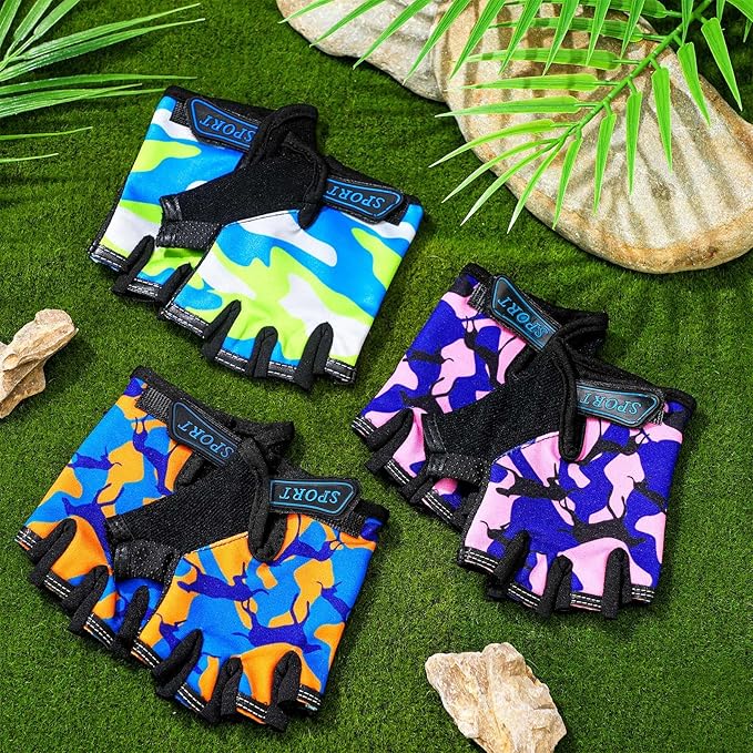 Boao 3 Pairs Kids Half Finger Bike Gloves Non-Slip Breathable Adjustable Birthday Gift for Boys Girls for Bike Workout