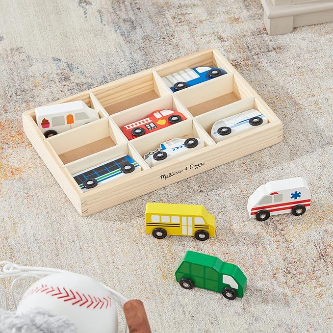 Melissa & Doug Wooden Town Vehicles Set in Wooden Tray (9 pcs)