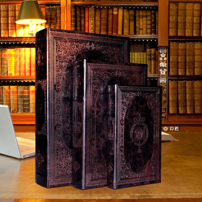 Decorative Book Box Set of 3,Vintage Style Book Shaped Storage Box | Leather Decorative Wooden Trinket Jewelry Books Boxes with Antique Embossed Pattern,Mother's Day/Graduation/Birthday Gift