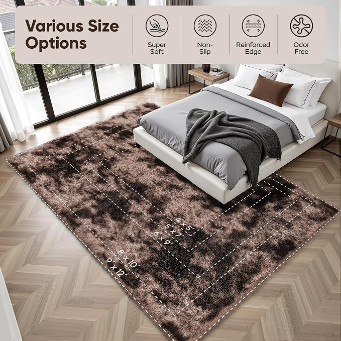 Area Rug for Living Room Bedroom: 5x7 Soft Fluffy Shag Upgrade Non-Slip High Pile Carpet Large Fuzzy Plush Indoor Floor Decor Shaggy Coffe Tie-Dyed Rug for Kid Boys Girls Playroom Nursery Modern Home