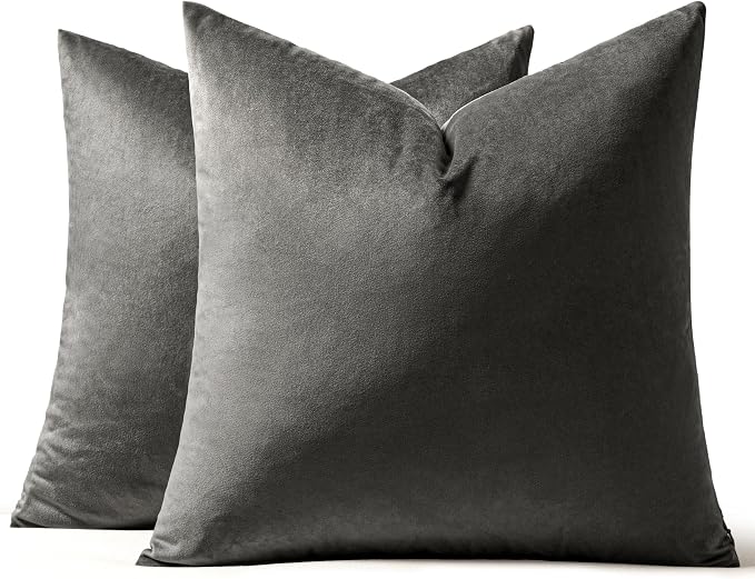MIULEE 24x24 Inch Pack of 2 Euro Velvet Throw Pillow Covers Medium Gray | Soft Solid Decorative Euro Sham, Modern Luxury Home Decor, for King Bed Sofa Couch Bedroom Livingroom