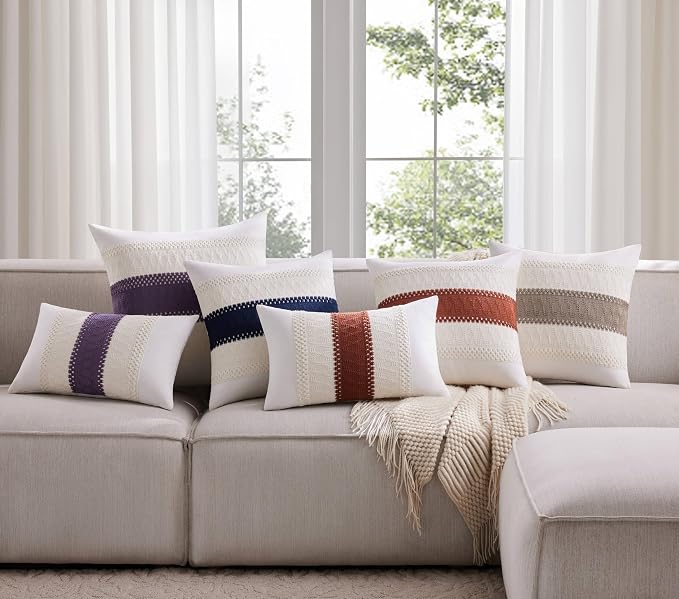 2pk Boho Pillow Covers 18x18, Natural White/Contrast/Purple | 100% Organic Cotton Body, Stripe Embroidery, Farmhouse Decorative Cushion Covers for Sofa Bed Living Room Home Decor