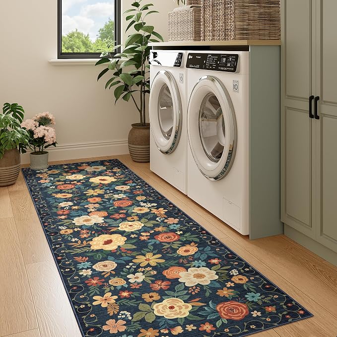 DUKINO 2x7 Runner Rug for Hallway, Soft Washable Rug Non Slip, Navy Blue | Low Pile, Stain Resistant Indoor Carpet Runner for Kitchen, Bedroom, Bathroom, Entryway, Laundry, Pet Friendly, Home Decor